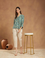Green Cotton Silk Printed Slim Fit Top