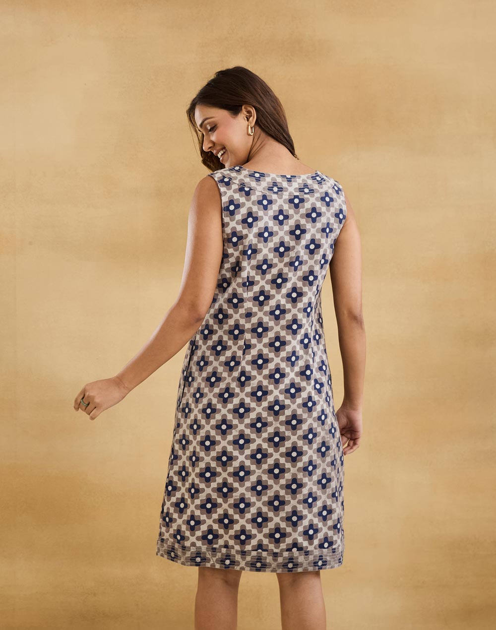 Beige Cotton Linen Short Dress