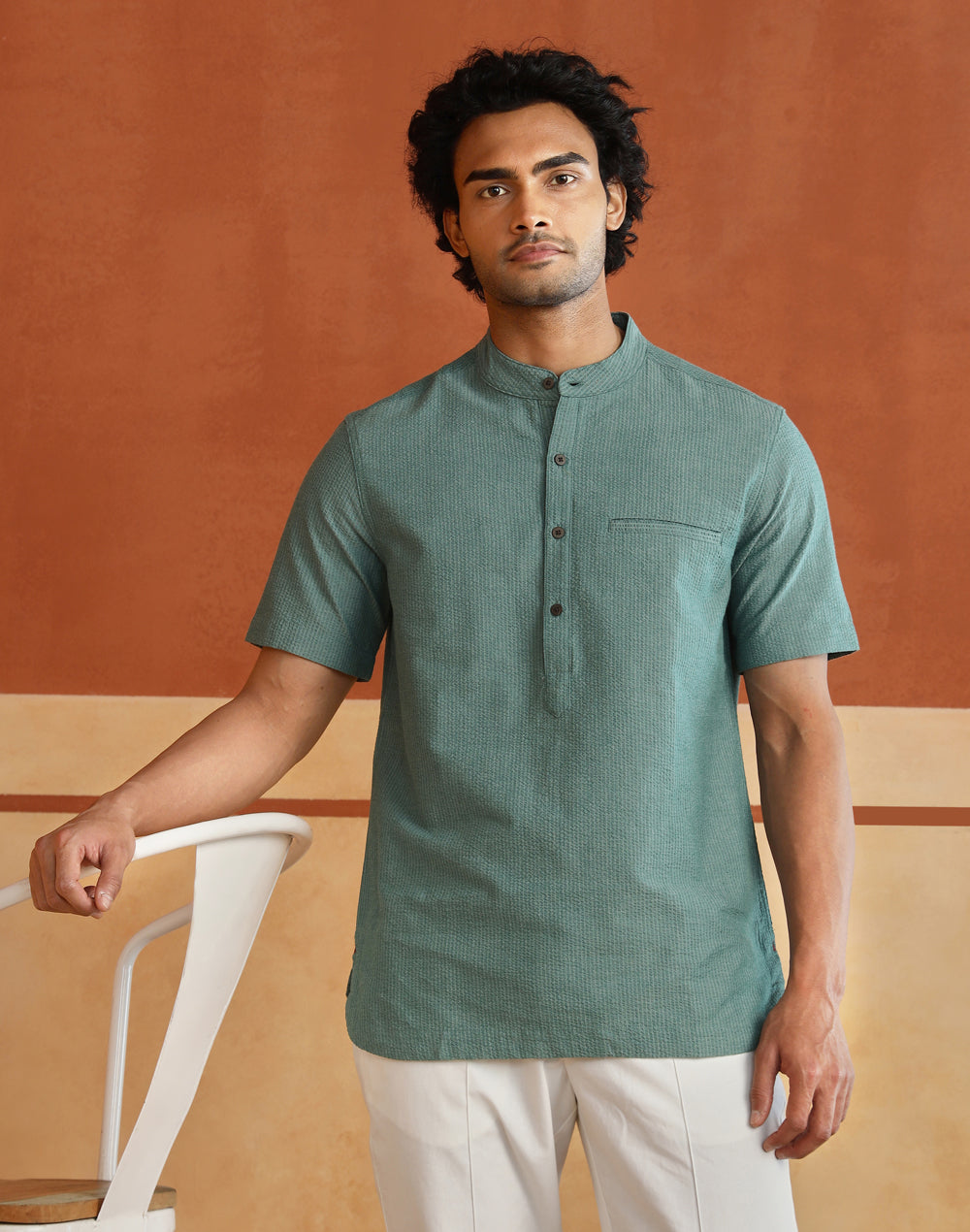 Teal Cotton Striped Slim Fit Mid Placket Shirt