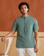 Teal Cotton Striped Slim Fit Mid Placket Shirt