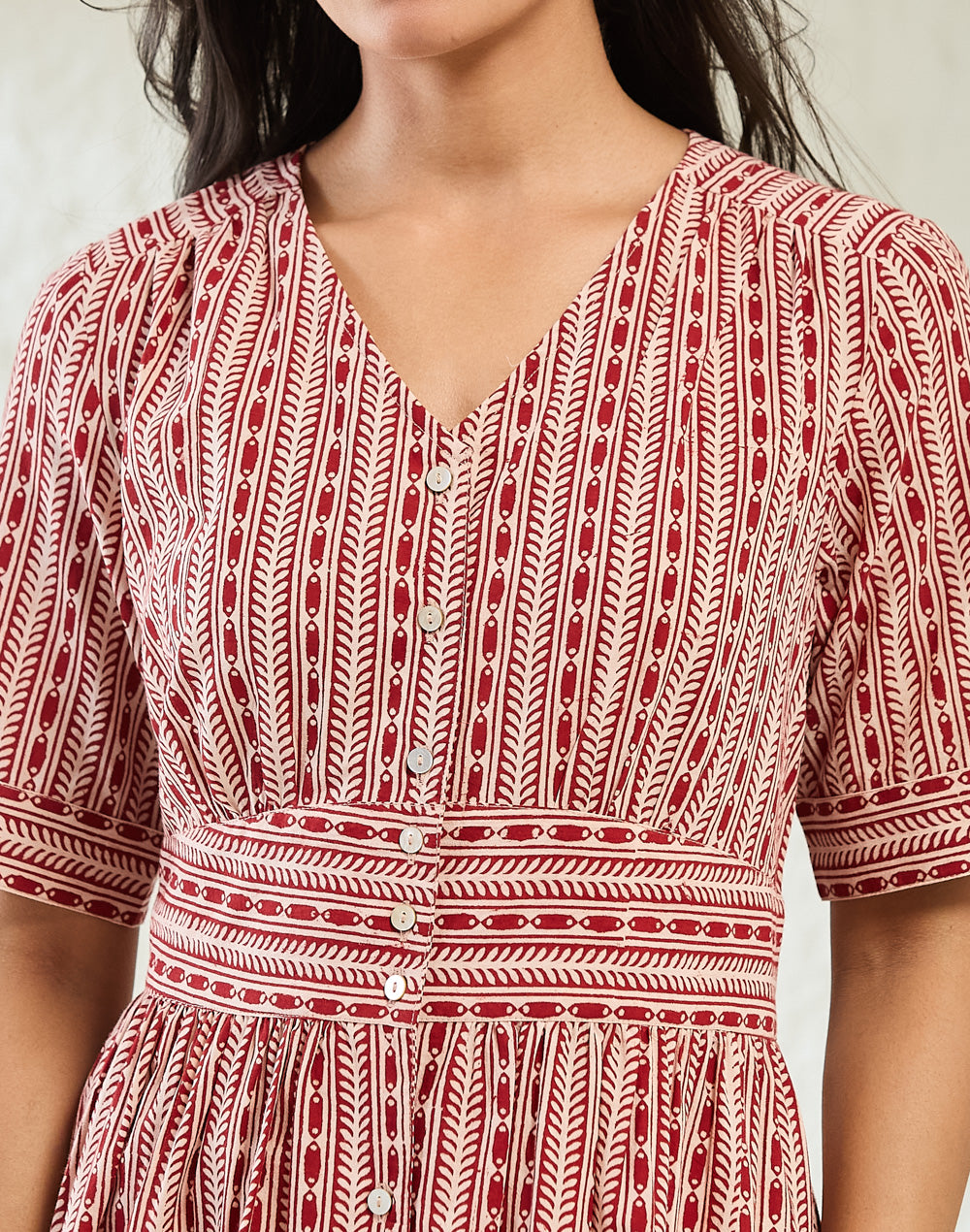 Red Cotton Bagh Printed Midi Dress