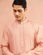 Peach Viscose Blend Stripe Long Kurta