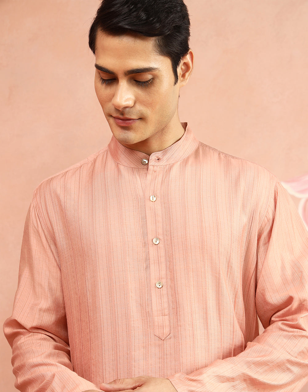 Peach Viscose Blend Stripe Long Kurta