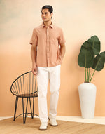 Beige Cotton Blend Striped Bush Shirt