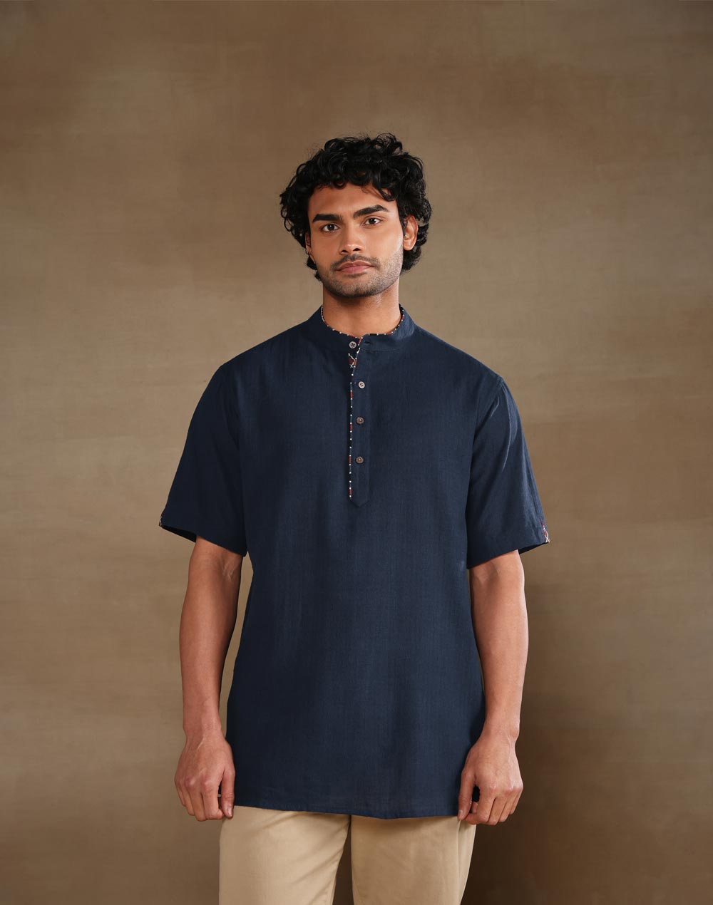 Navy Cotton Dobby Short Kurta