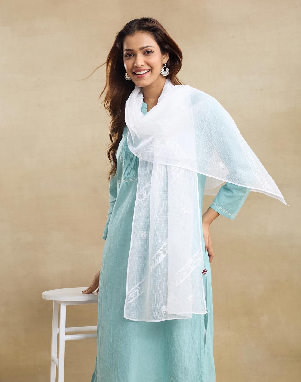 White Cotton Silk Blend Chikankari Stole