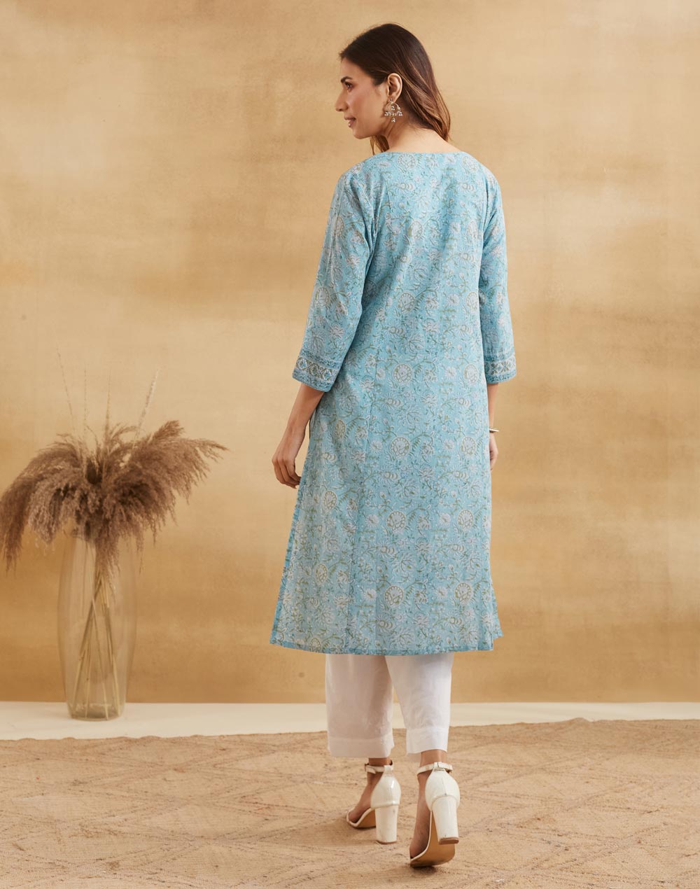 Teal Cotton Hand Block Printed Long Kurta
