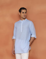 Blue Cotton Dobby Slim Fit Short Kurta