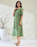 Green Cotton Silk Hand Block Printed Midi Dress