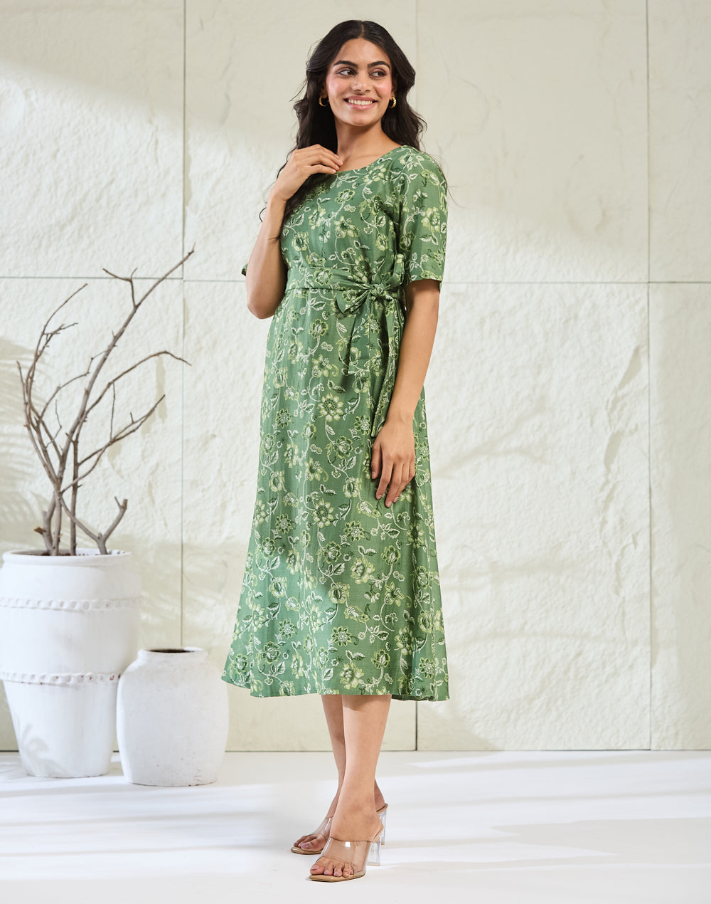 Green Cotton Silk Hand Block Printed Midi Dress