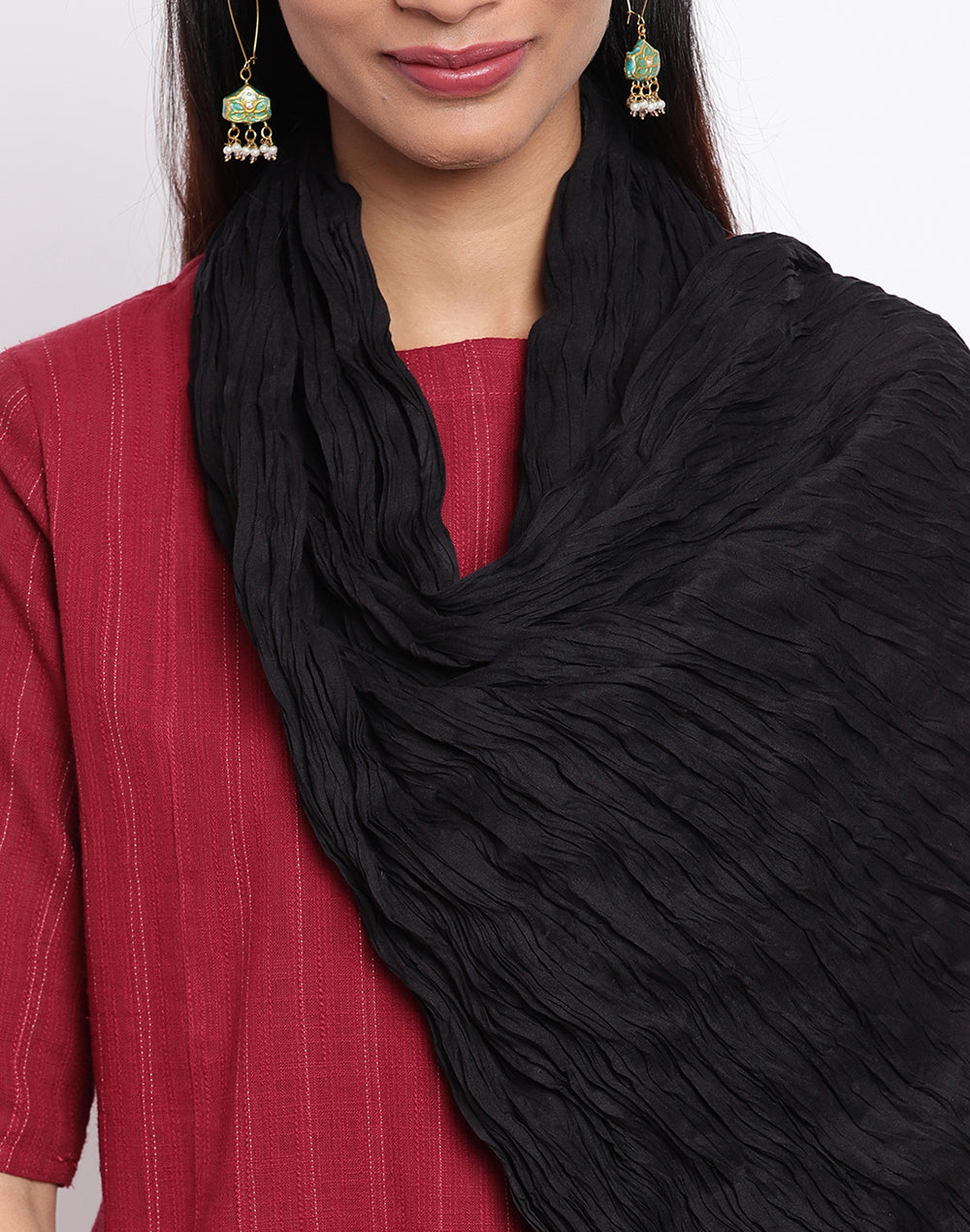 Black Cotton Mull Plain Phunka Crinkle Dupatta