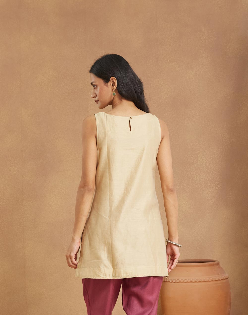 Beige Cotton Silk Embroidered Slim Fit Short Kurta