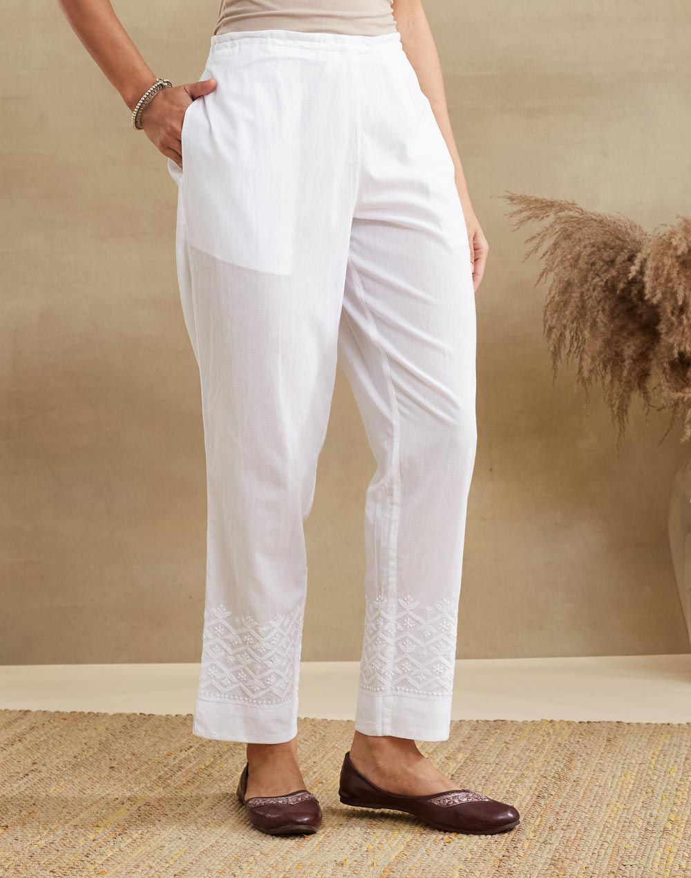 White Cotton Chikankari Ethnic Pant