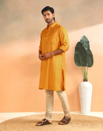 Yellow Viscose Silk Blend Dobby Slim Fit Pathani