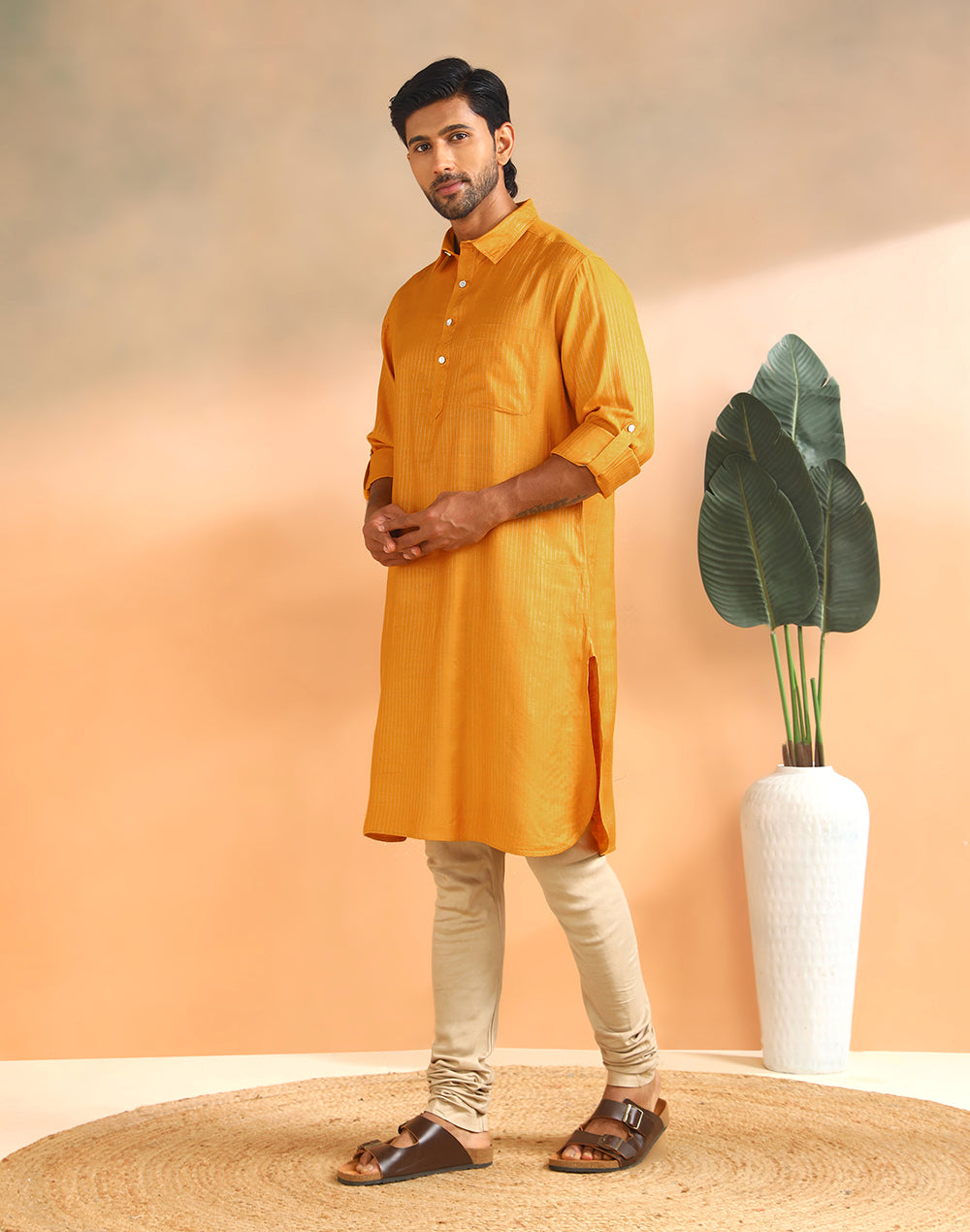 Yellow Viscose Silk Blend Dobby Slim Fit Pathani