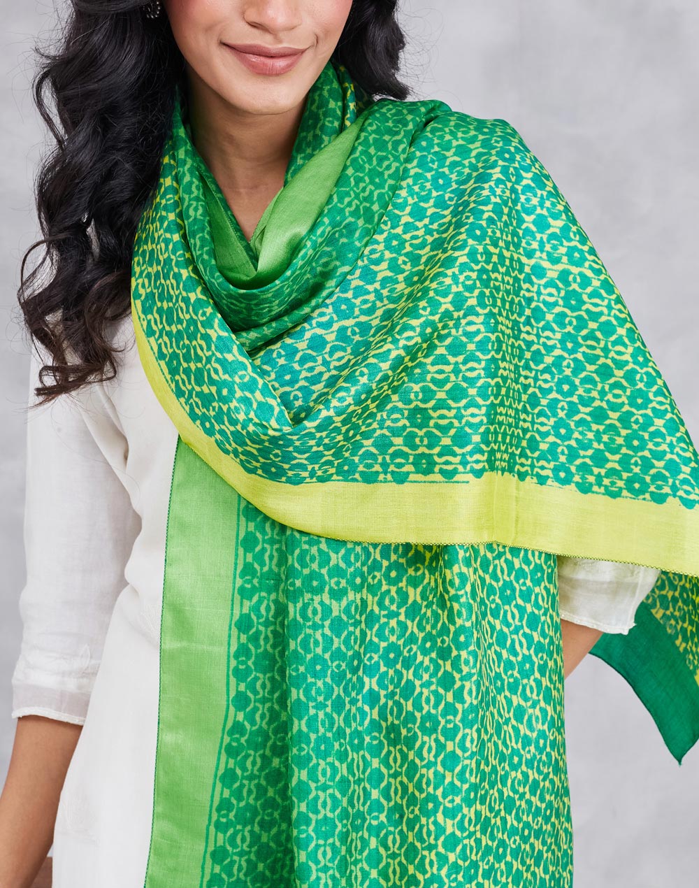 Green Silk Symphony Hand Block Printed Stole