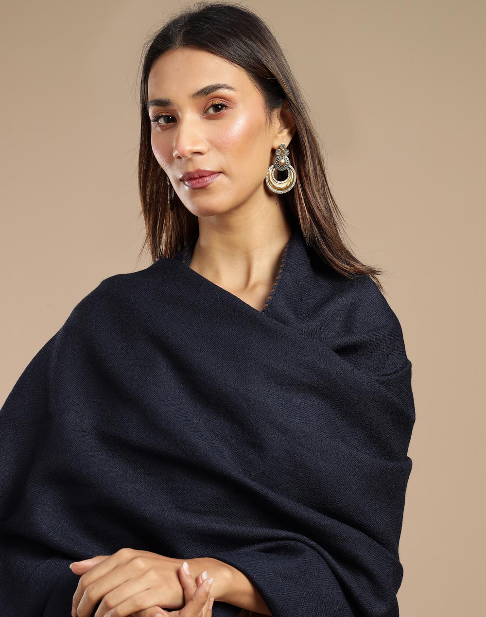 Navy Blue Shawl Wrap styled for winter layering