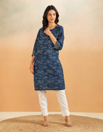 Indigo Cotton Printed Abstract Knee Length Kurta
