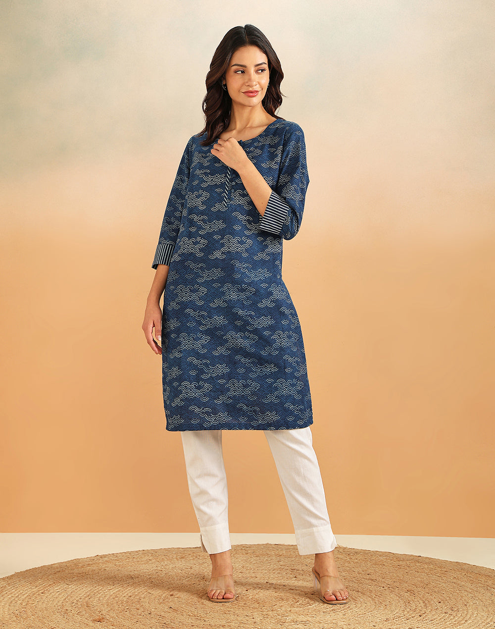 Indigo Cotton Printed Abstract Knee Length Kurta