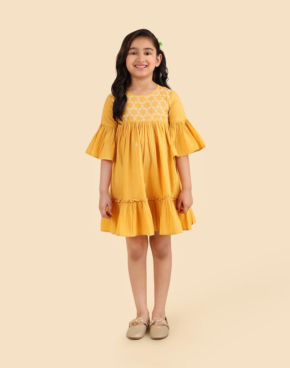 Yellow Cotton Chikankari Bluebell Dress