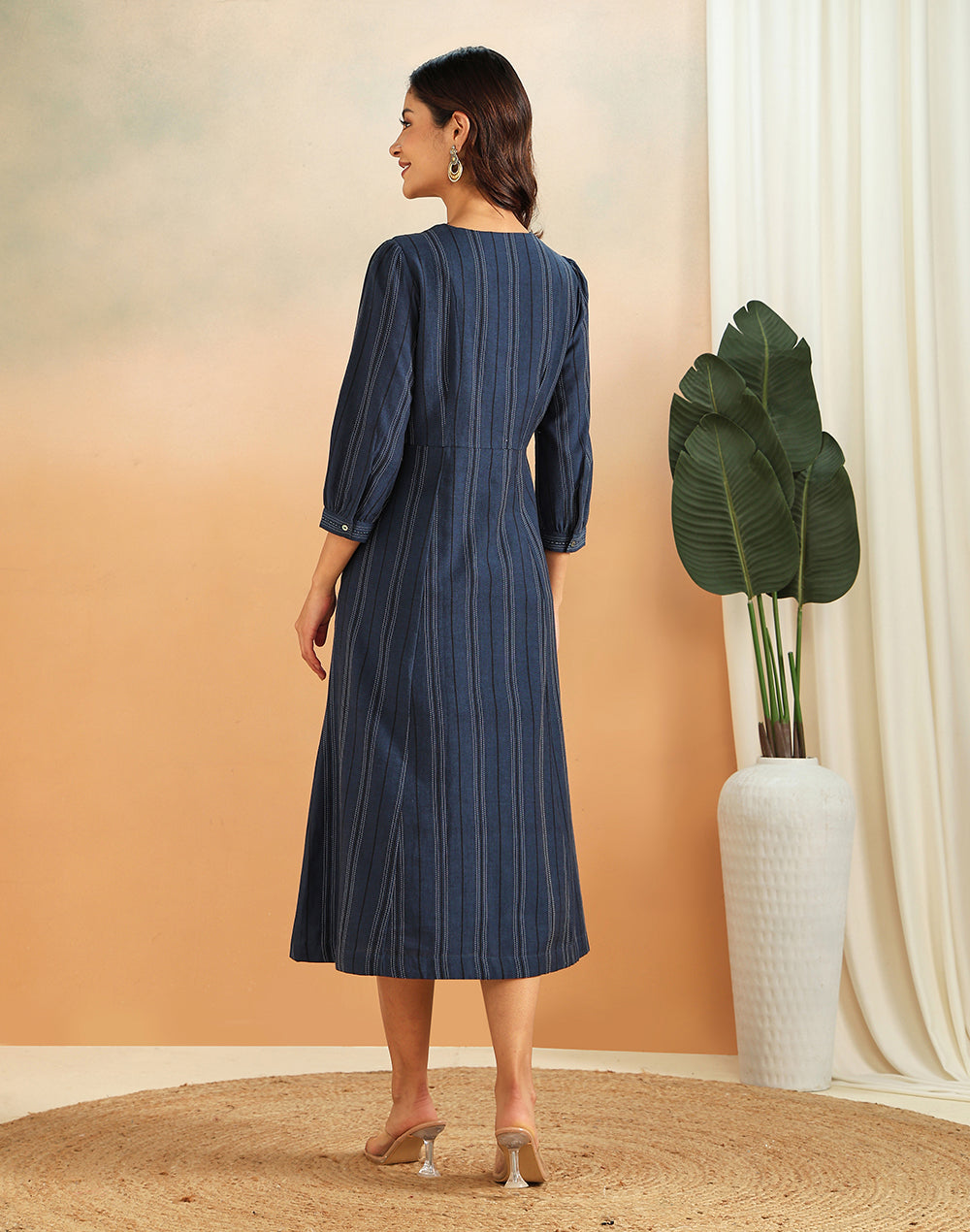Blue Cotton Striped Midi Dress