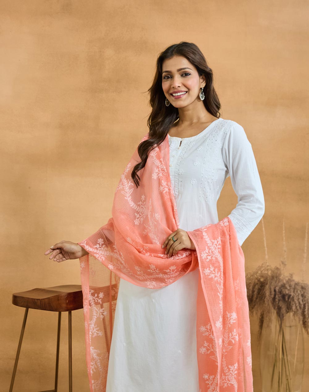 Pink Cotton Silk Blend Chikankari Dupatta