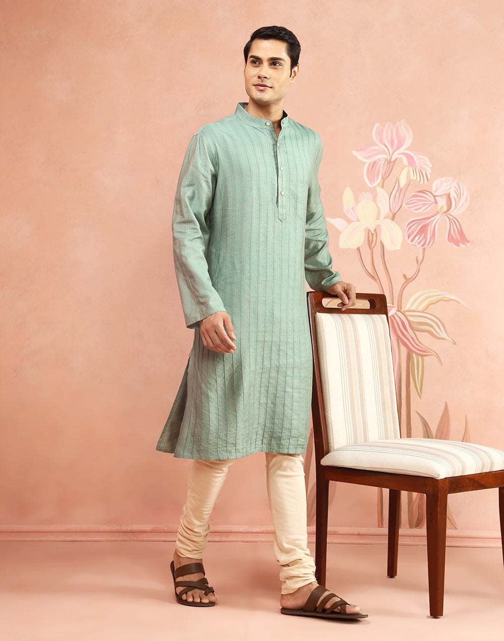 Sage Viscose Blend Stripe Long Kurta