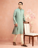 Sage Viscose Blend Stripe Long Kurta