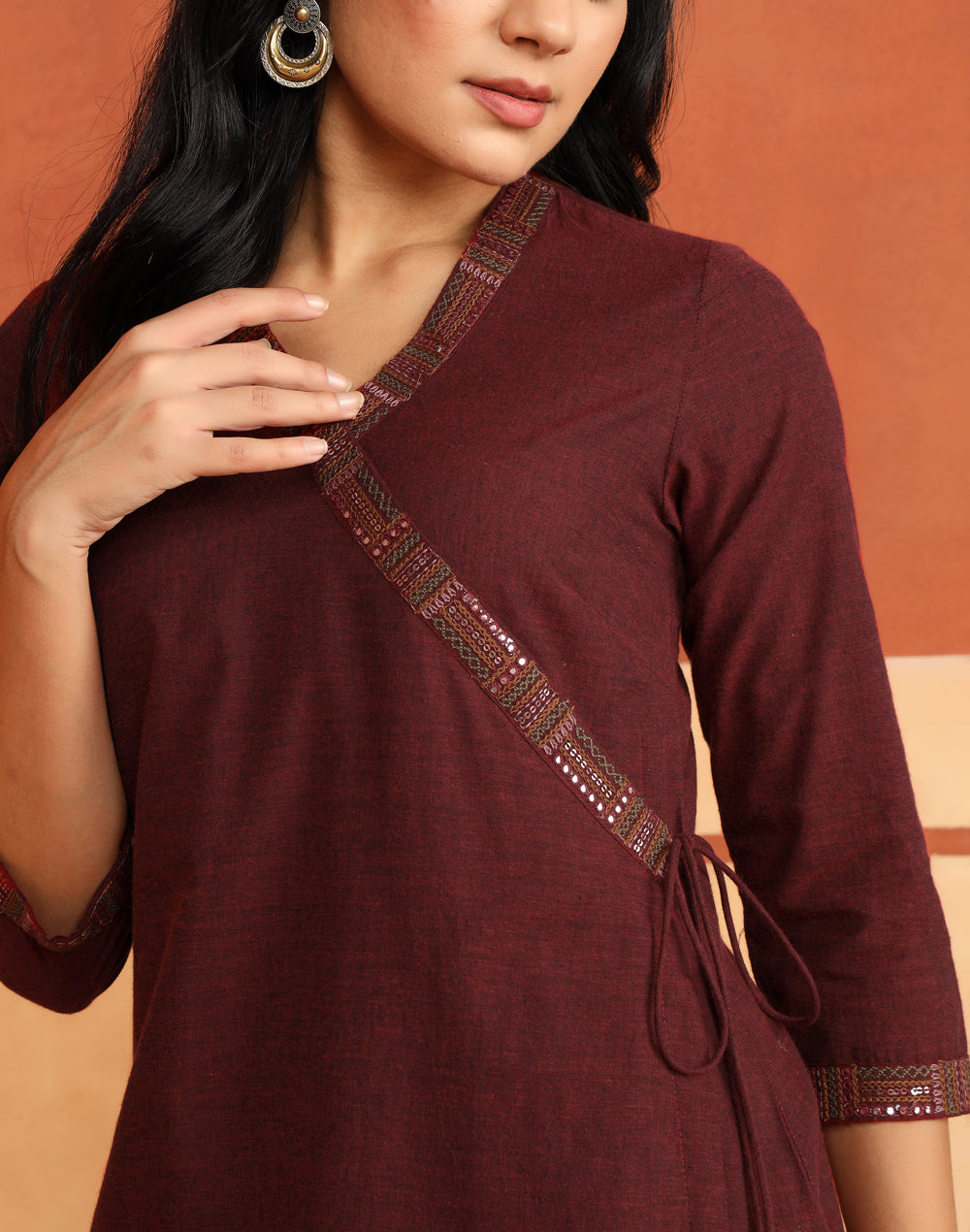 Maroon Cotton Hand Embroidered Slim Fit Long Kurta