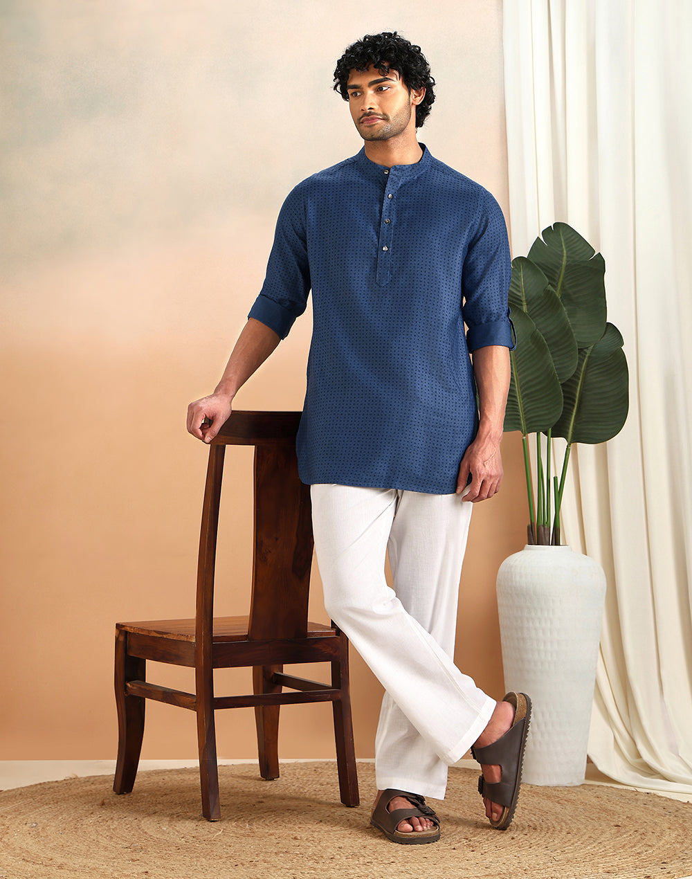 Blue Viscose Silk Hand Block Printed Slim Fit Short Kurta