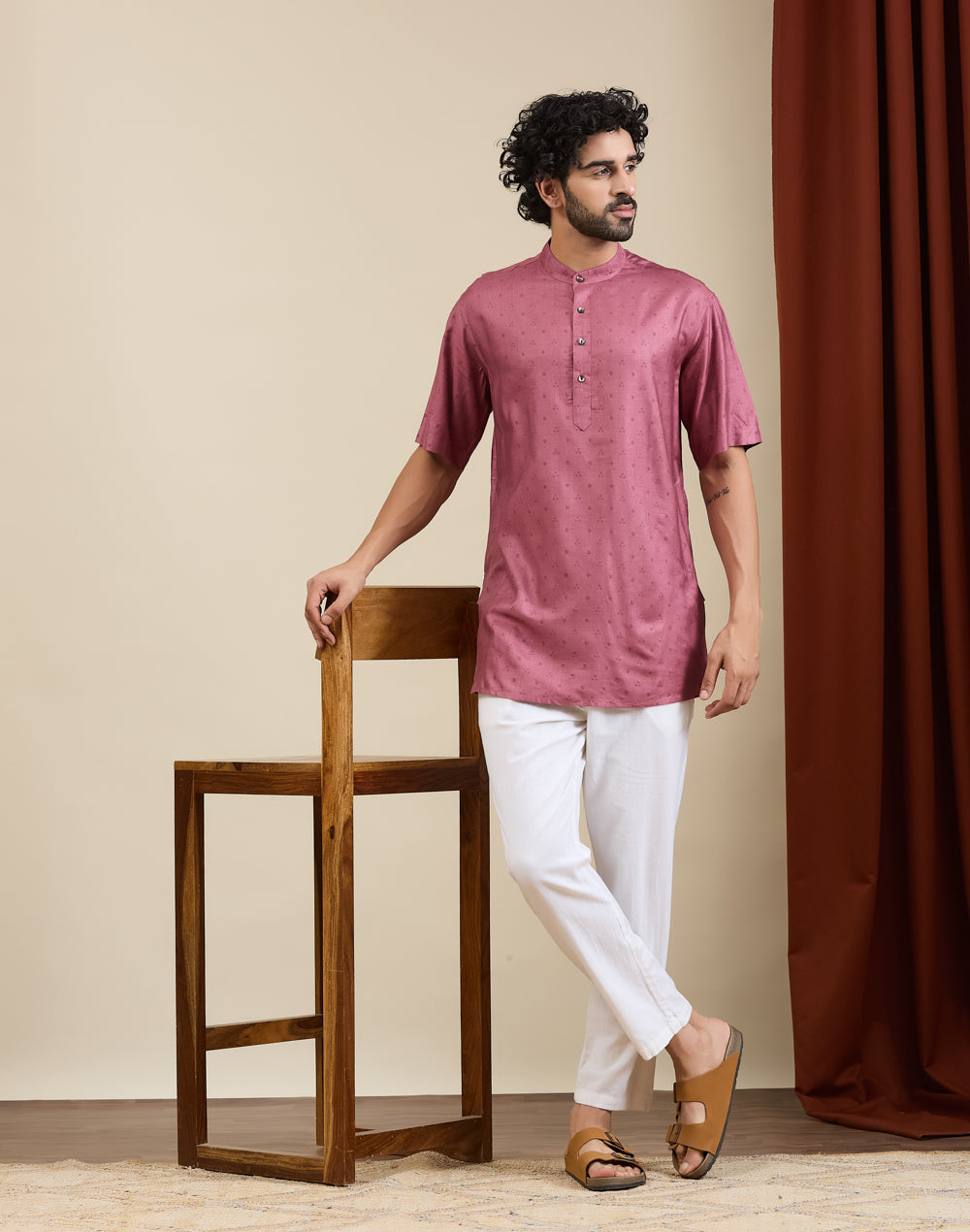 Pink Viscose Silk Printed Short Kurta