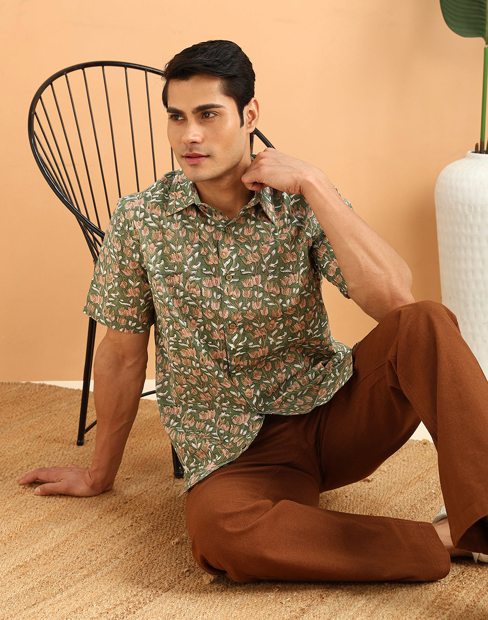 Green Cotton Hand Block Printed Slim Fit Shirt