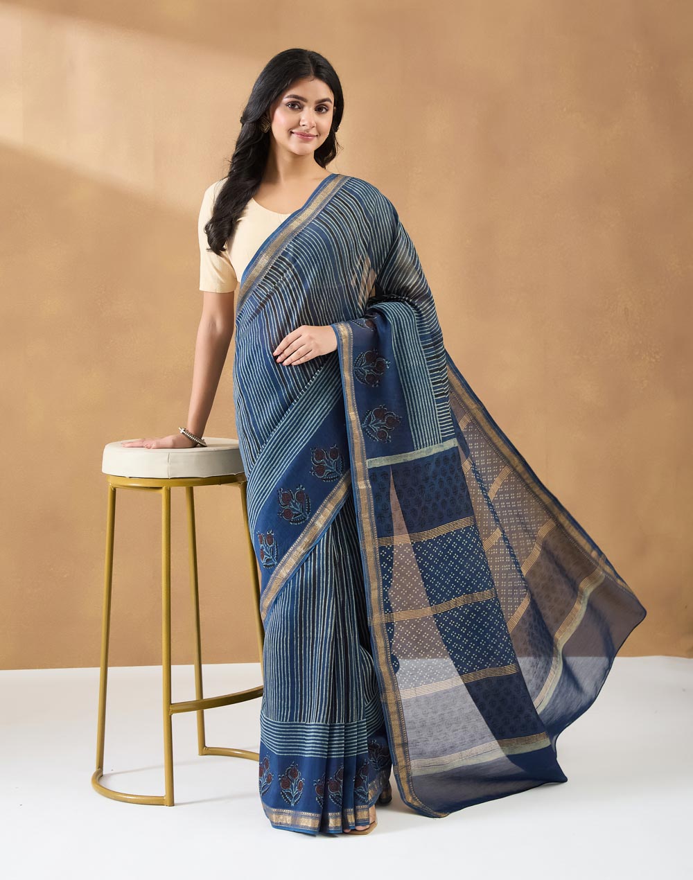 Indigo Cotton Silk Blend Hand Block Print Sari