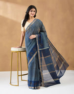 Indigo Cotton Silk Blend Hand Block Print Sari