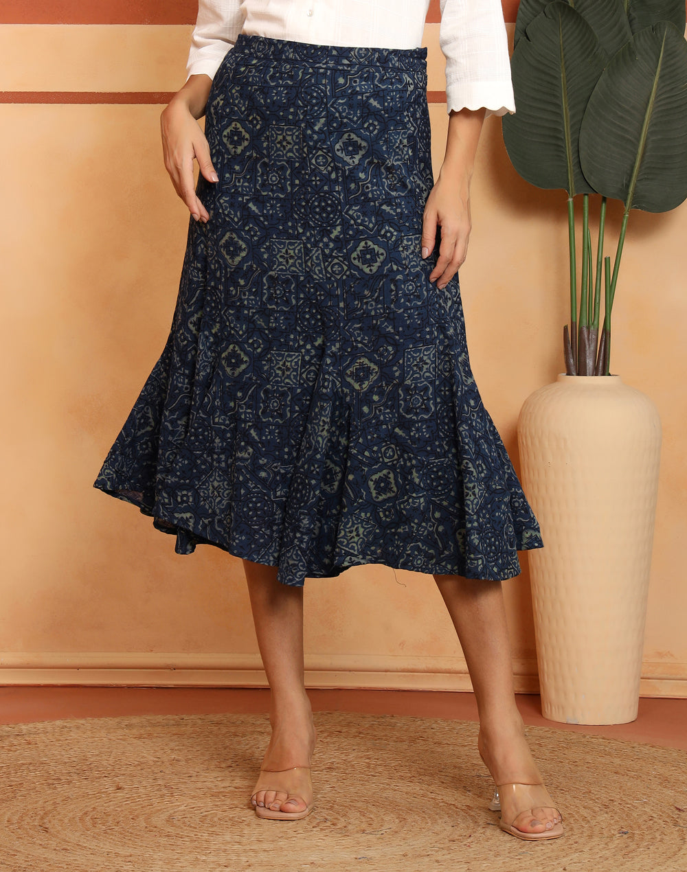 Indigo Cotton Geometric Skirt Midi