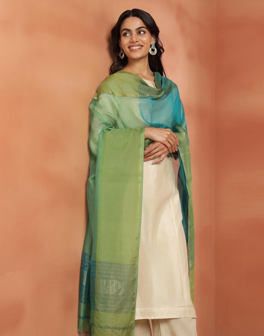 Turquoise Cotton Silk Blend Maheshwari Dupatta