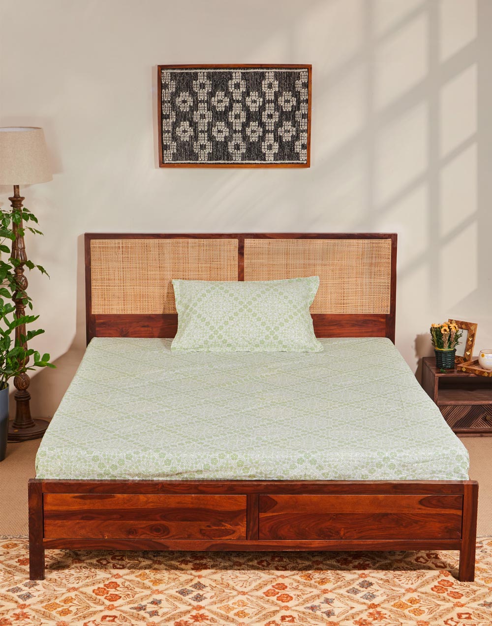 Green Sadhil Cotton Printed Bed Sheet With 1 Pillow Cover