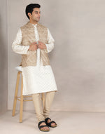 Beige Silk Hand Block Printed Nehru Jacket