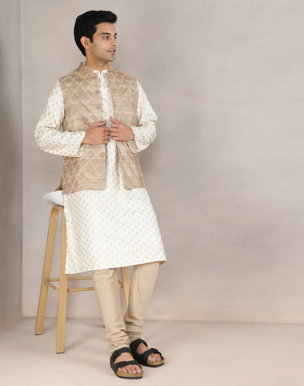Beige Silk Hand Block Printed Nehru Jacket