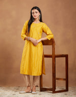 Mustard Cotton Silk Embroidered Long Kurta