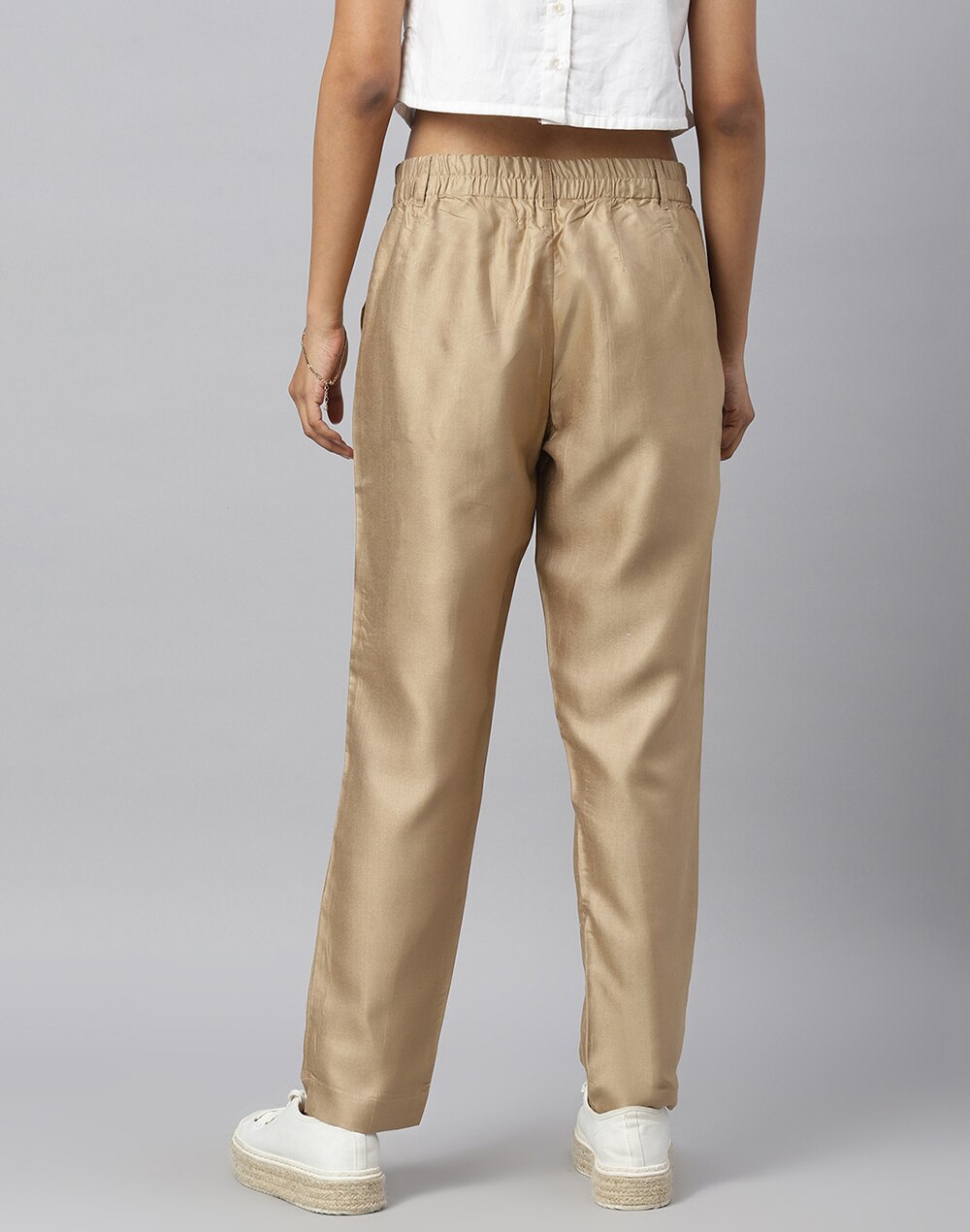 Beige Viscose Silk Slim Fit Formal Kosi Pant