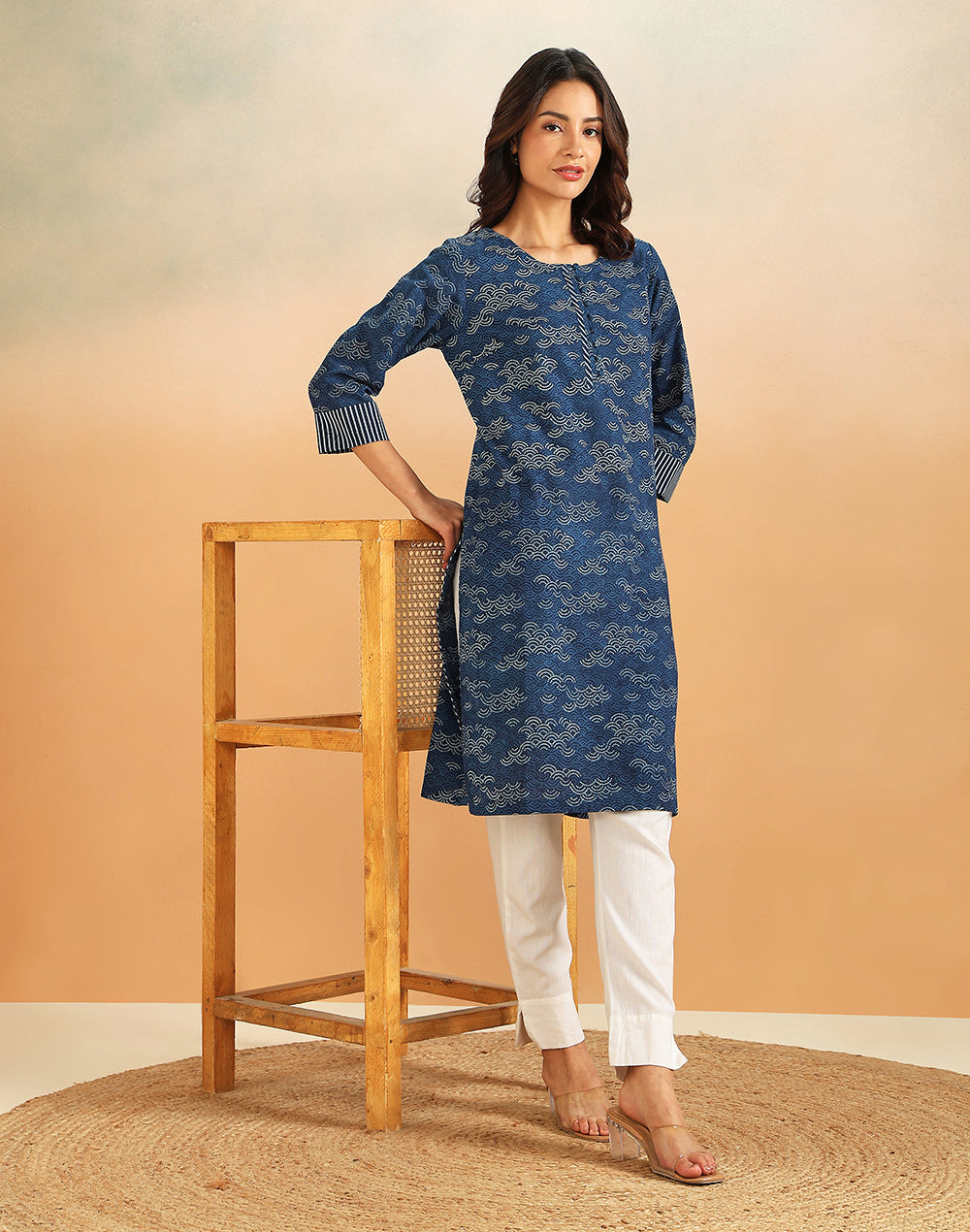 Indigo Cotton Printed Abstract Knee Length Kurta