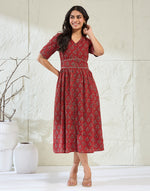 Red Cotton Ajarkh Midi Dress