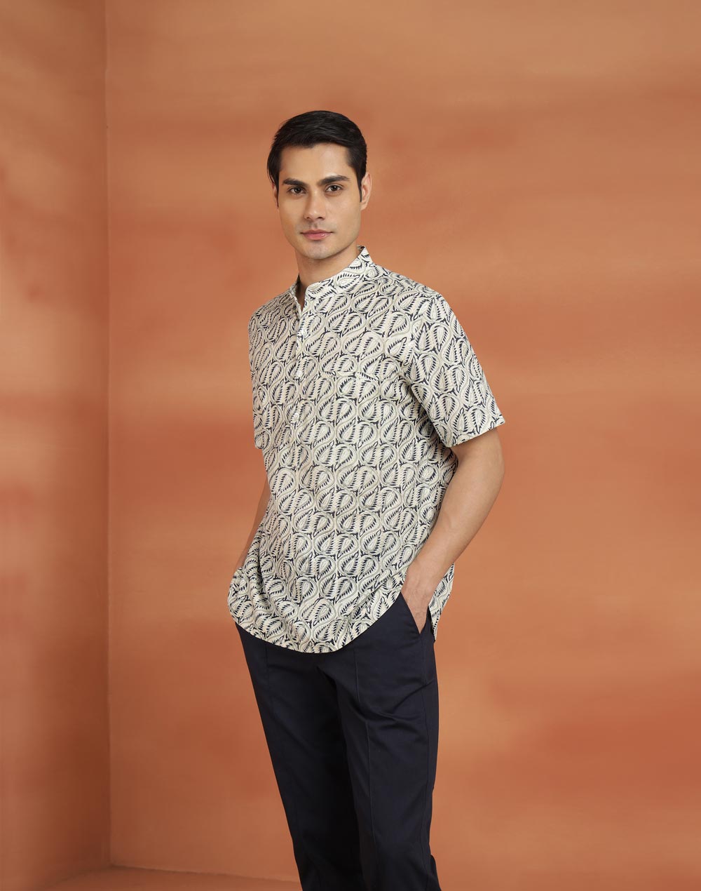 Blue Cotton Hand Block Printed Slim Fit Mid Placket Shirt