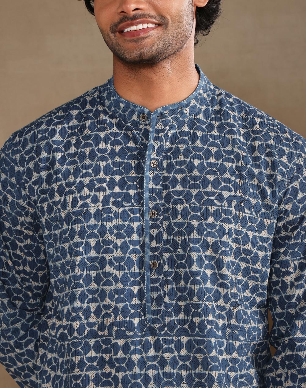 Indigo Cotton Dabu Printed Slim Fit Long Kurta