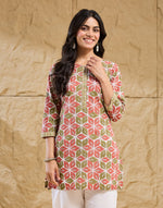 Green Cotton Hand Block Printed Slim Fit Short Kurta