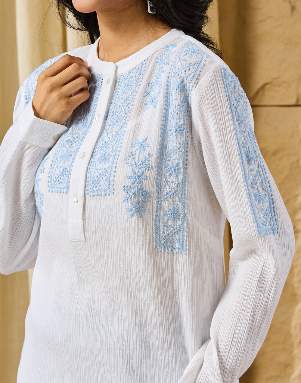 White-Blue Cotton Chikankari Top & Slip