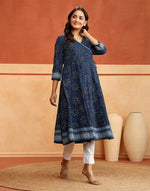 Indigo Cotton Slim Fit Printed Floral Long Kurta