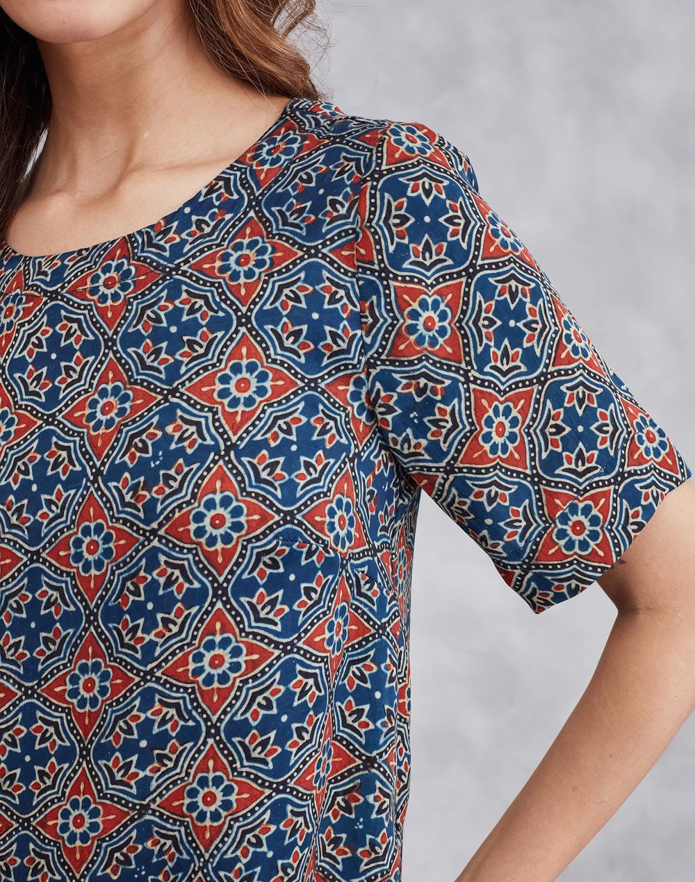 Blue Rayon Blend Ajrakh Printed Arcadian Top