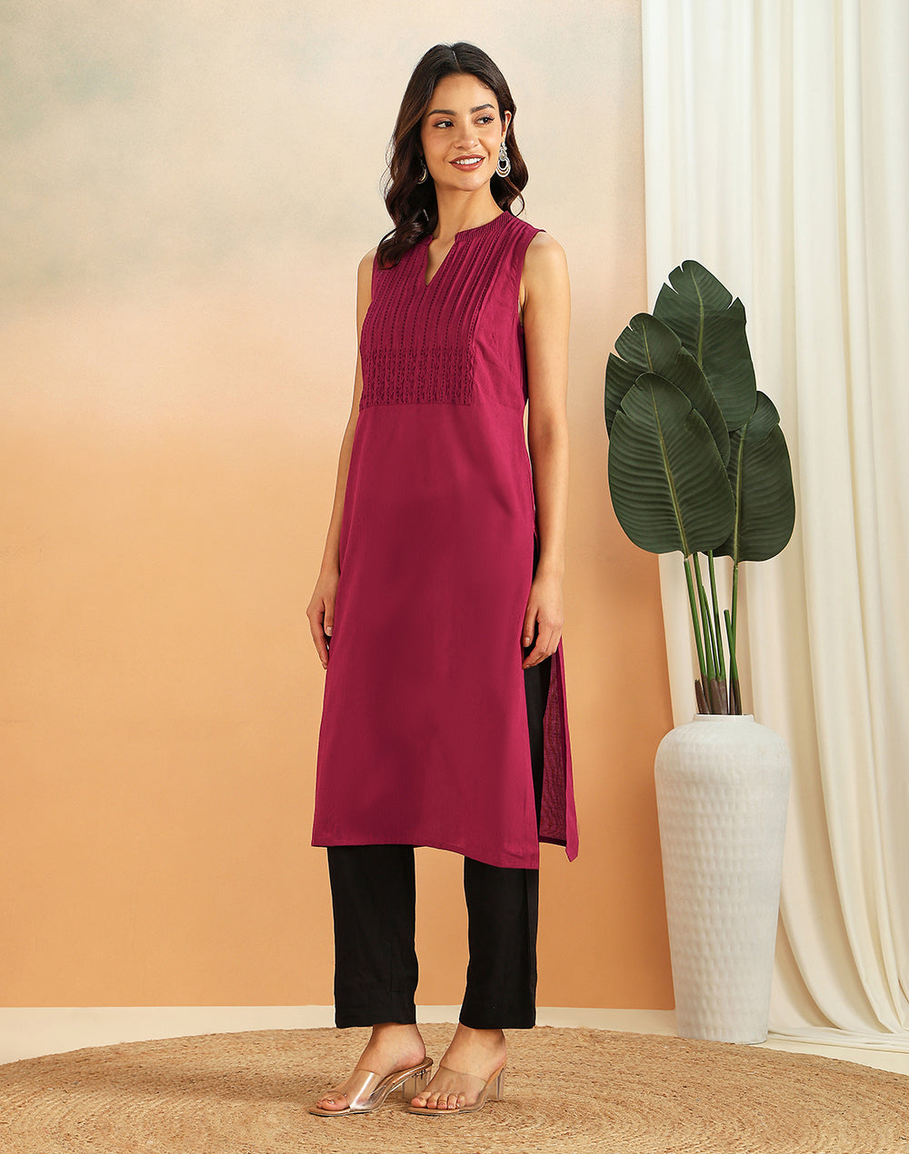 Maroon Cotton Pintuck Long Kurta